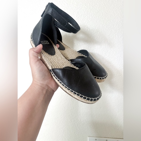 Eileen Fisher Lala Tumbled Leather Espadrille Flat Black Size 7.5 - Picture 2 of 5